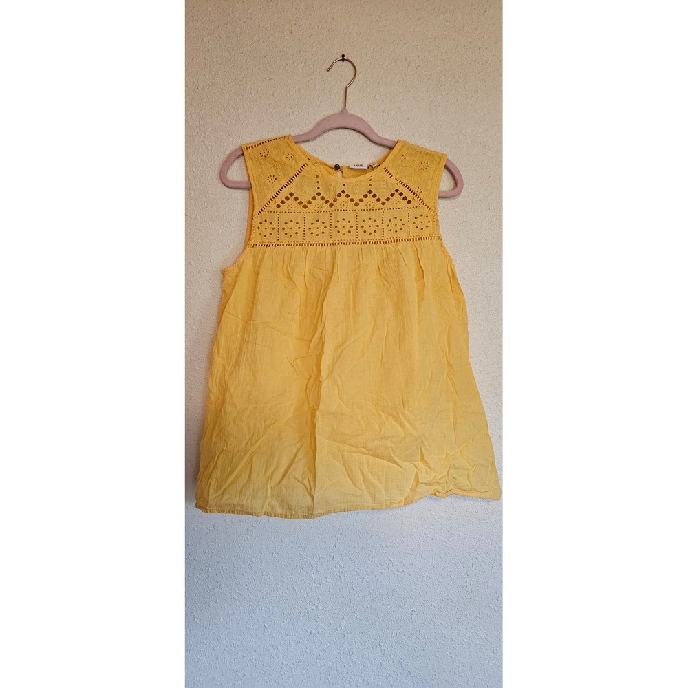 True Craft Womens Yellow Eyelet Embroidered Sleeveless Cotton Blouse Top Large